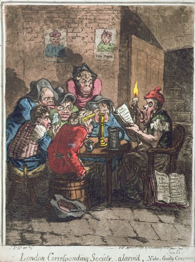 London Corresponding Society, allarmata, o Coscienza colpevole, pubblicata da Hannah Humphrey nel 1798 da James Gillray